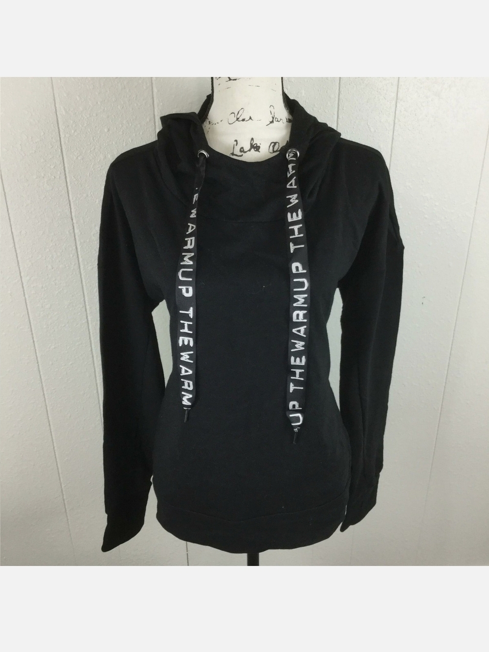 Women's Black Hooded Pullover Sweatshirt with Logo Drawstrings